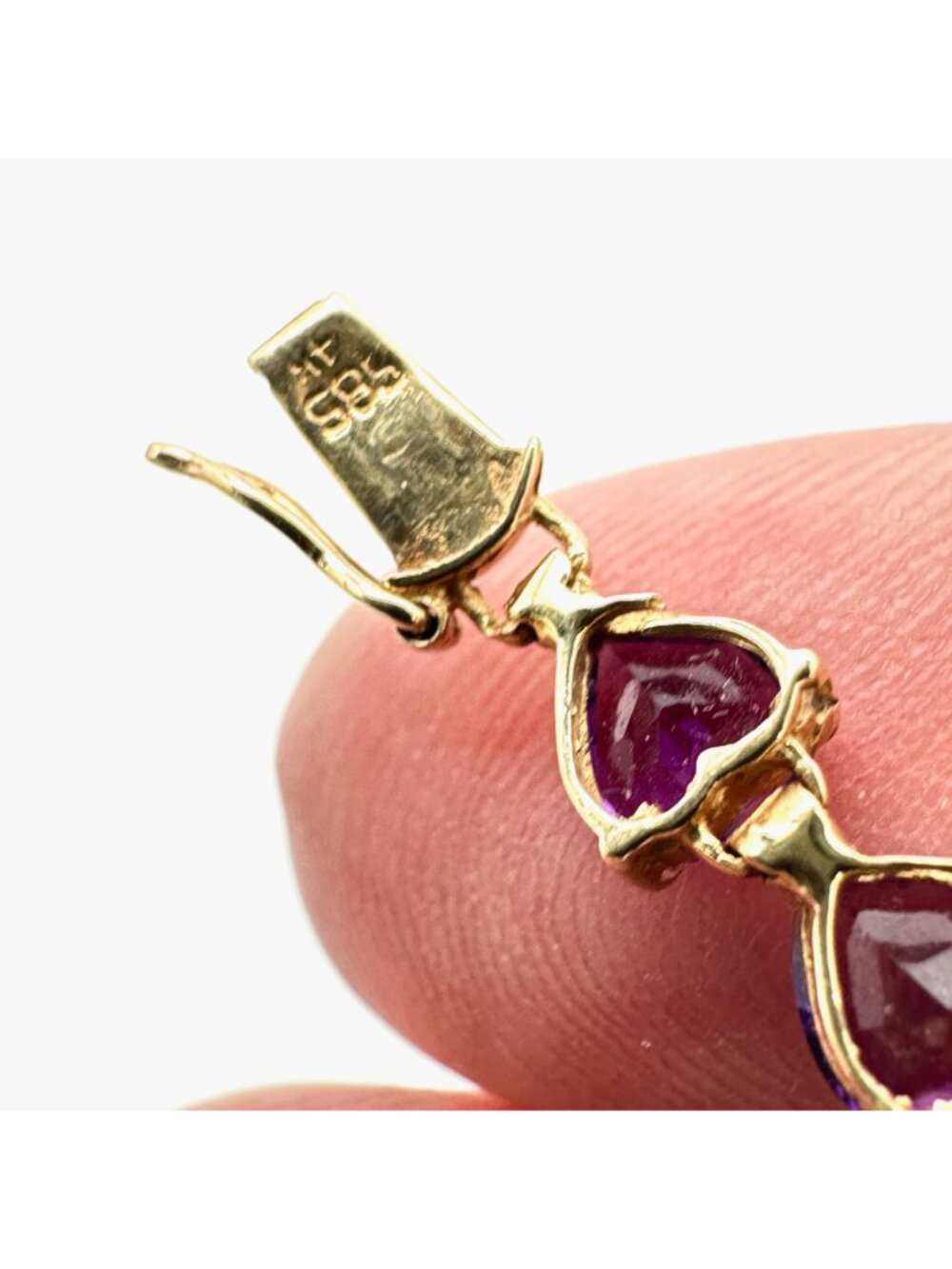 14K Gold Purple Amethyst Braceket Heart Stones Tennis Style 6.5 inch - Picture 7 of 7